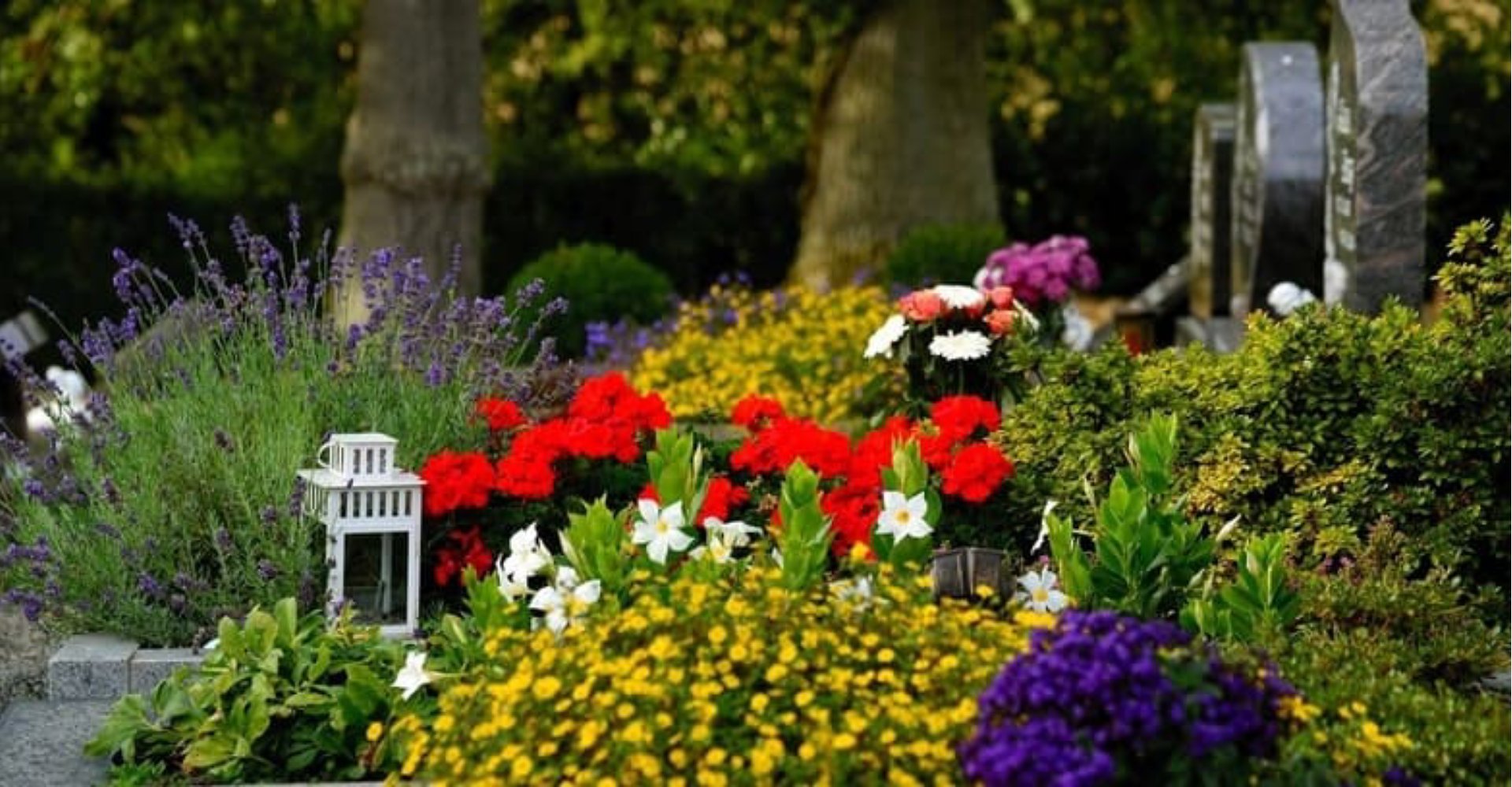 Beautifully arranged flowers and a lantern in a garden, related to a bereavement checklist in Ontario.